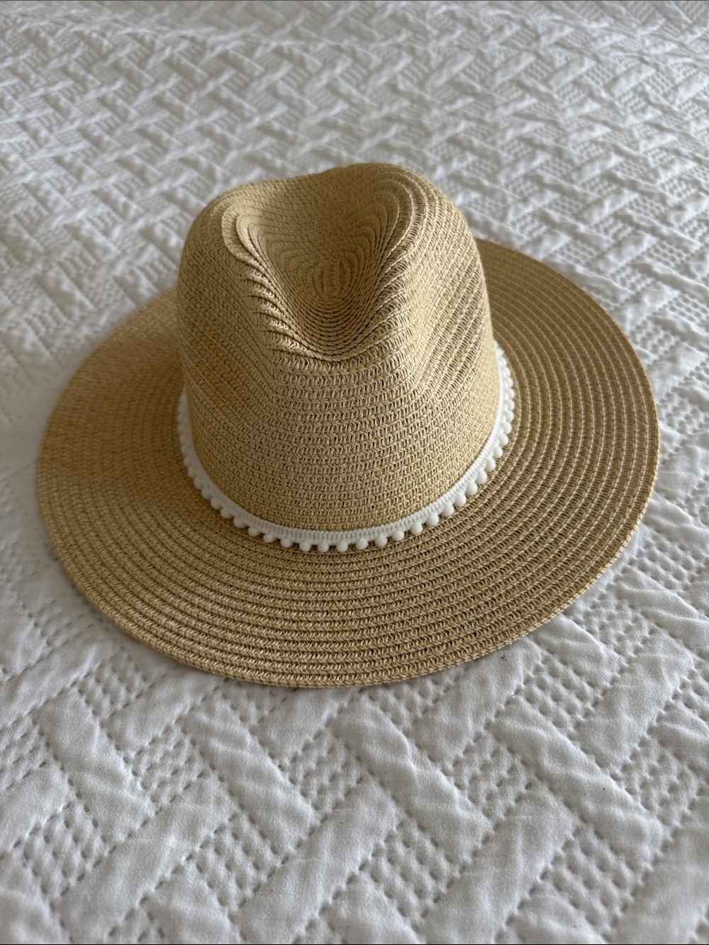 Rachel Zoe Straw Sun Hat with White Pom Trim - Tan